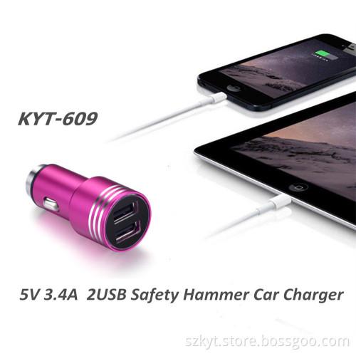 car safety hammer car usb charger, 5V 3.4A Aluminum Safety Hammer Style Car Charger with CE FCC ROHS